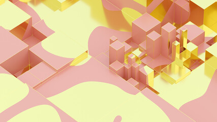 Abstract golden liquid on pink box. Art data technology concept