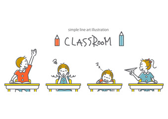 授業中好き勝手に過ごす子供たちのシンプルでかわいい線画イラスト