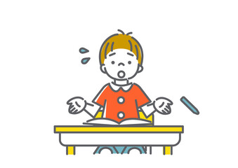 授業がわからず投げ出したい男の子のシンプルでかわいい線画イラスト