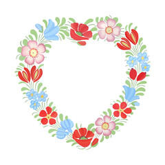 Flowers and leaves in heart shape. Greeting card with hand-drawn floral composition. Vector illustration.