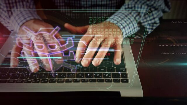 Virus detected symbol, computer attack, cyber security, antivirus and digital worm icon. Man typing on keyboard. Futuristic abstract concept 3d rendering. Programmer, developer or hacker coding.