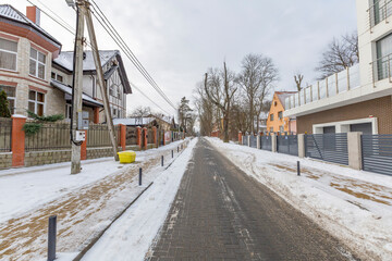 Fototapeta na wymiar Typical architecture of a small resort town in winter. Kaliningrad Region, Russia