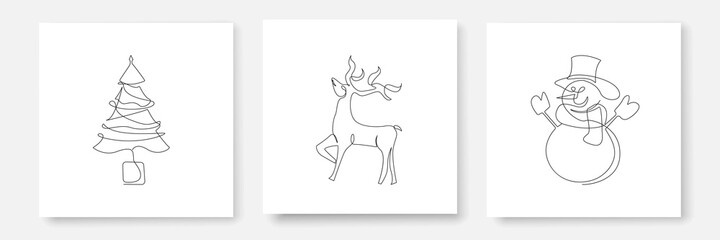 Christmas Symbols Continuous Line Drawing^ Snowman, Tree, Deer in Modern Minimalist Line Art Style. Trendy One Line Christmas Illustration Set. Abstract Drawing of Christmas Cards. Vector EPS 10