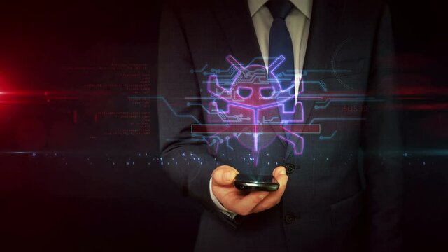 Virus detected symbol, mobile and computer protection, cyber attack, antivirus and digital worm icon. Businessman touch the hologram display in hand. Futuristic light abstract concept 3d rendering.