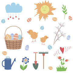 Spring set, drawn elements - flowers, birds, Easter basket. Vector illustration.
