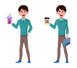 Businessman holding coffee and juice cup