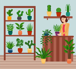 Girl shop assistant stands at the table in shop with houseplants, vector illustration