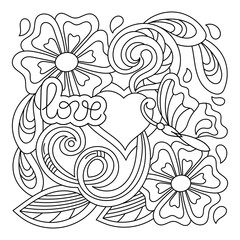 Cartoon hand-drawn Love pattern. Coloring book. Line art with hearts, flowers and leaves, butterfly, detailed black and white background.