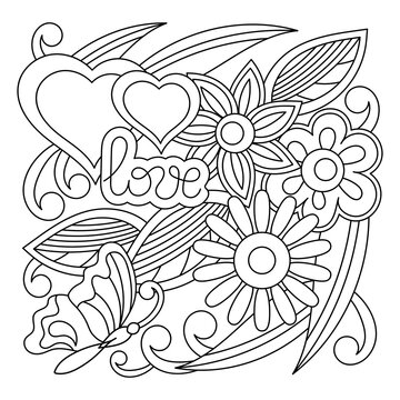 Cartoon hand-drawn Love pattern. Coloring book. Line art with hearts, flowers and leaves, butterfly, detailed black and white background.