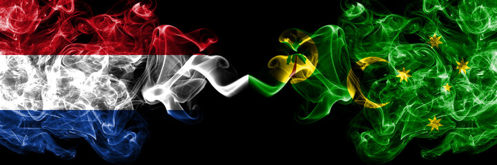 Netherlands vs Australia, Australian, Cocos Islands smoky mystic flags placed side by side. Thick colored silky abstract smoke flags.