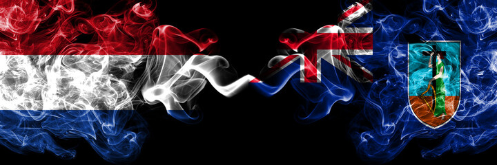 Netherlands vs British, Britain Montserrat smoky mystic flags placed side by side. Thick colored silky abstract smoke flags.