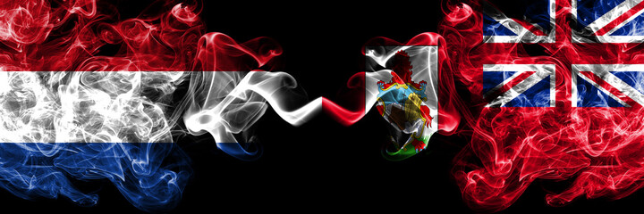 Netherlands vs British, Britain, Bermuda smoky mystic flags placed side by side. Thick colored silky abstract smoke flags.