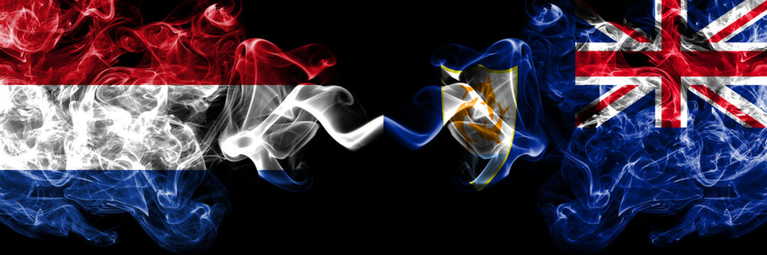 Netherlands vs British, Britain, Anguilla smoky mystic flags placed side by side. Thick colored silky abstract smoke flags. - Powered by Adobe