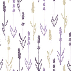 Ink hand drawn lavender backdrop. Vector herbs seamless pattern with lavender sketches. Herbal tea ingredients. Perfect for cosmetic, perfumery packing, fabric, wrapping paper, prints.