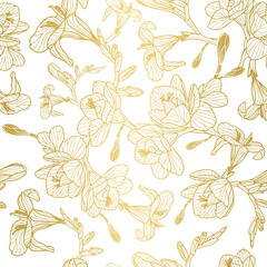 Freesia seamless vector pattern. Hand Drawn gold line design for spring, summer, and fall wallpaper, backgrounds, wedding invitations, packaging design projects.