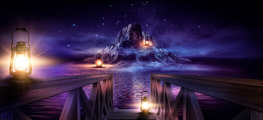 Night seascape, fantasy island with lanterns and a wooden pier by the sea. Evening Shore, beach...