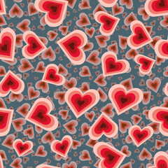 Romantic Seamless vector pattern with hearts in pink, red and purple  colours on a blue background. Valentine romantic design for fabric, wrapping paper, gift paper and postcards.