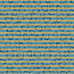 Abstract seamless vector pattern with blue hearts and gold stripes on blue background. Valentine romantic design for fabric, wrapping paper, gift paper and postcards.