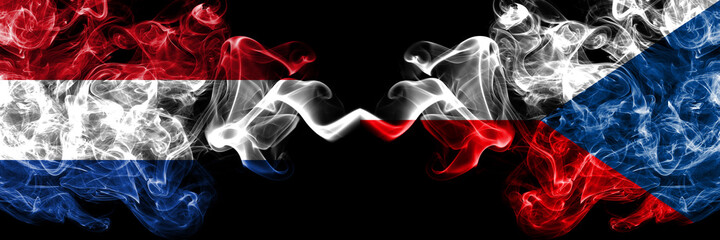 Netherlands vs Czech Republic smoky mystic flags placed side by side. Thick colored silky abstract...