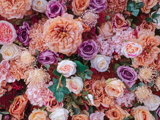 Full Frame Background of Pink Orange and White Flowers Decorated for Celebration Events