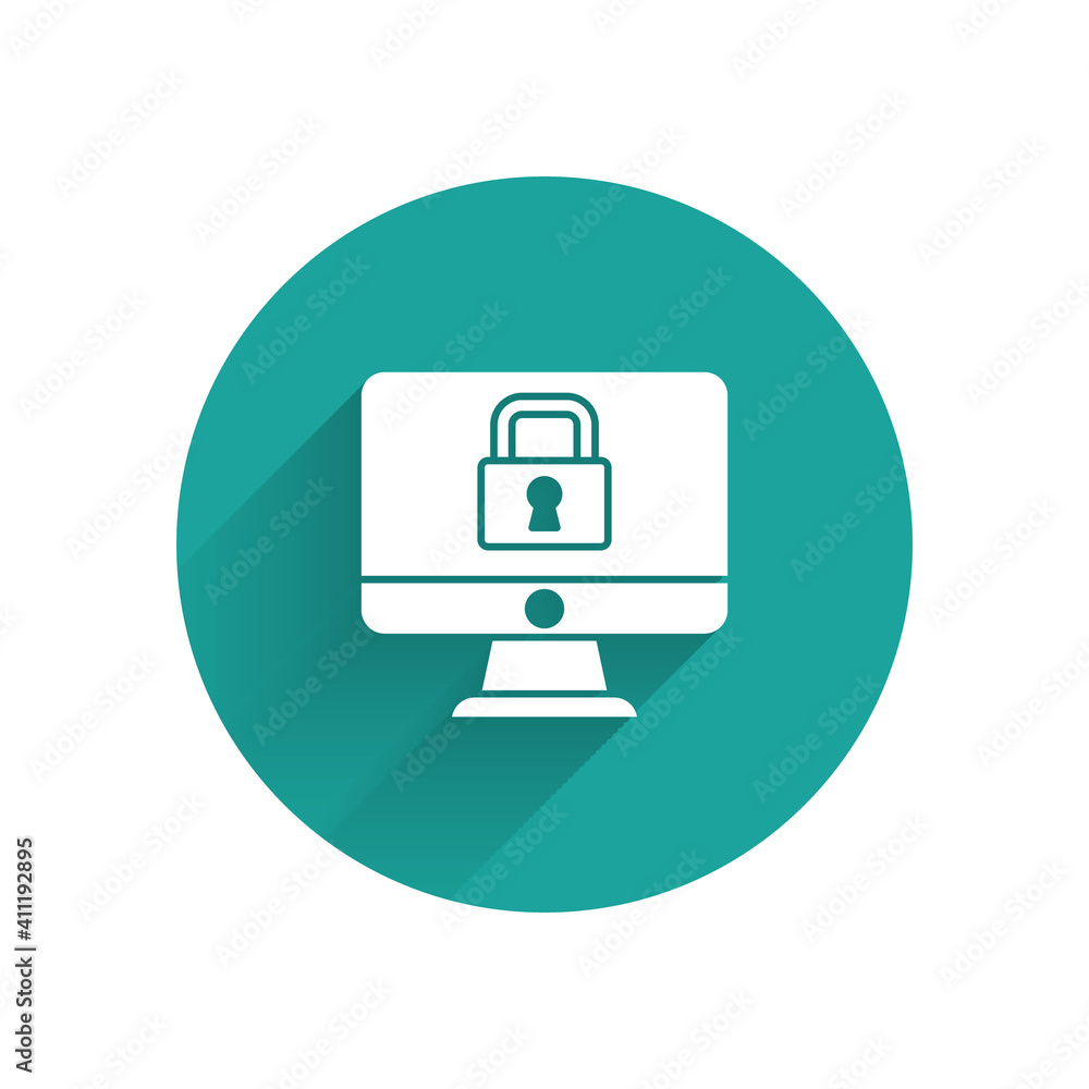 Poster white lock on computer monitor screen icon isolated with long shadow. security, safety, protection c