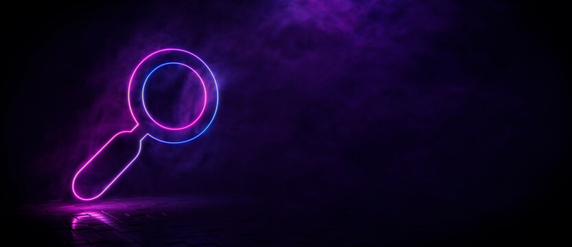 Pink and blue neon light search icon. Vibrant colored technology symbol, isolated on a black background. 3D Render 