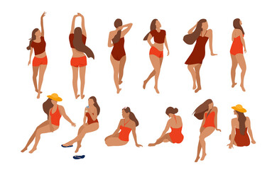 Set of trendy young women in swimwear.Beach collection.Females in different poses.Girls walk,sunbathe,sit or stand.Various summer clothes design. Slim body shapes.Vector in flat style.People for card