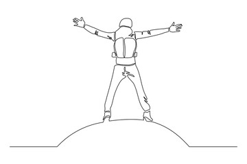 Continuous one line drawing of traveling people with backpack. Single one line art of man success to hiking on top of mountain. Vector illustration.