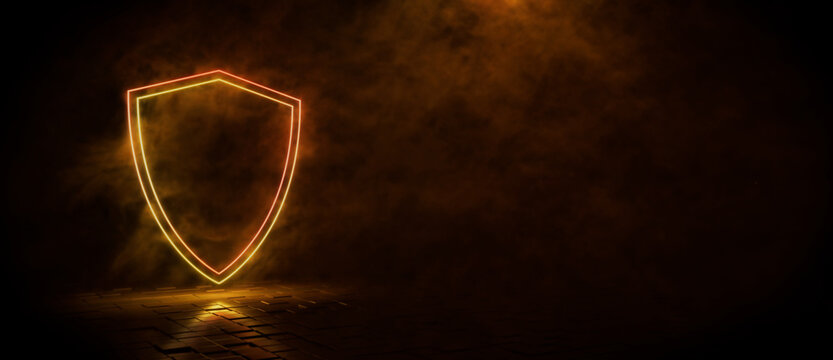 Orange and yellow neon light shield icon. Vibrant colored technology symbol, isolated on a black background. 3D Render 