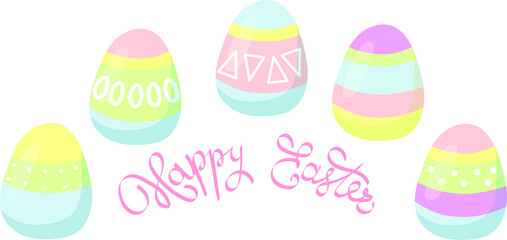 Set of Easter eggs in pastel colors, vector drawing for design of a postcard for a spring holiday. A fun weekend with colorful patterns, April or May is a celebration.