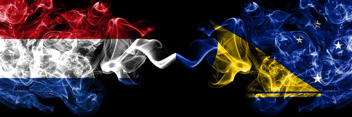 Netherlands vs New Zealand, Tokelau smoky mystic flags placed side by side. Thick colored silky abstract smoke flags.