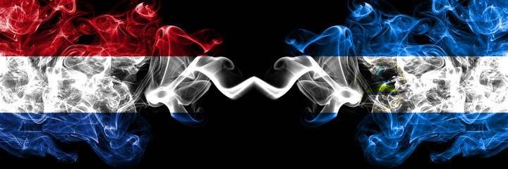 Netherlands vs Nicaragua, Nicaraguan smoky mystic flags placed side by side. Thick colored silky...