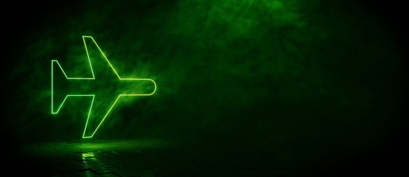 Green neon light airplane icon. Vibrant colored technology symbol, isolated on a black background. 3D Render 