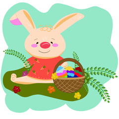 easter, bunny, rabbit, egg, animal, illustration, holiday, eggs, cute, basket, spring, happy, cartoon, grass, green, hare, celebration, fun, easter bunny, pink, flowers, card, white, funny, colorful