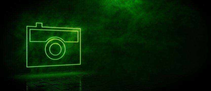 Green neon light camera icon. Vibrant colored technology symbol, isolated on a black background. 3D Render 