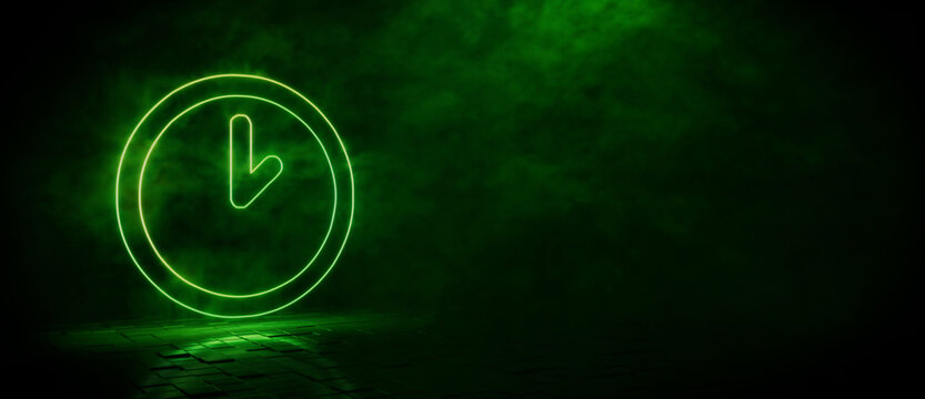 Green neon light clock icon. Vibrant colored technology symbol, isolated on a black background. 3D Render 