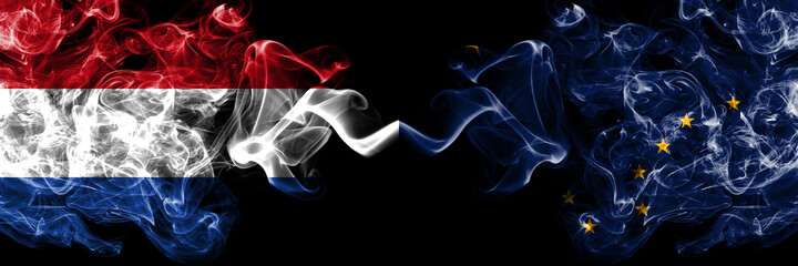 Netherlands vs United States of America, America, US, USA, American, Alaska, Alaskan smoky mystic flags placed side by side. Thick colored silky abstract smoke flags.