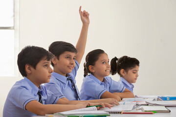 school boy asking for a doubt in class	