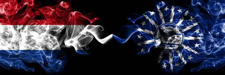 Netherlands vs United States of America, America, US, USA, American, Buffalo, New York smoky mystic flags placed side by side. Thick colored silky abstract smoke flags.