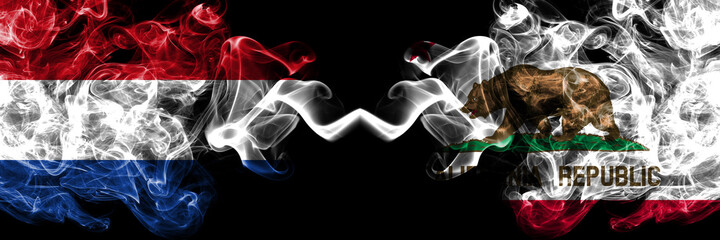 Netherlands vs United States of America, America, US, USA, American, California, Californian smoky mystic flags placed side by side. Thick colored silky abstract smoke flags.