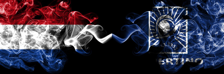 Netherlands vs United States of America, America, US, USA, American, Cupertino, California smoky mystic flags placed side by side. Thick colored silky abstract smoke flags.