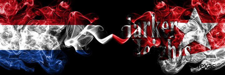 Netherlands vs United States of America, America, US, USA, American, Harker Heights, Texas smoky mystic flags placed side by side. Thick colored silky abstract smoke flags.