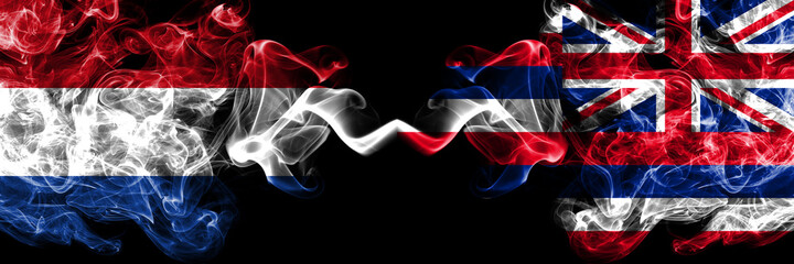Netherlands vs United States of America, America, US, USA, American, Hawaii, Hawaiian smoky mystic flags placed side by side. Thick colored silky abstract smoke flags.