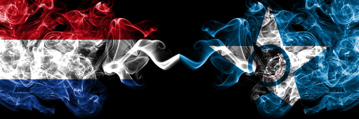Netherlands vs United States of America, America, US, USA, American, Houston, Texas smoky mystic flags placed side by side. Thick colored silky abstract smoke flags.