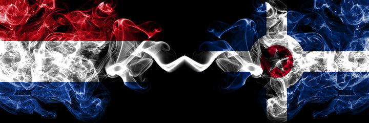 Netherlands vs United States of America, America, US, USA, American, Indianapolis, Indiana smoky mystic flags placed side by side. Thick colored silky abstract smoke flags.