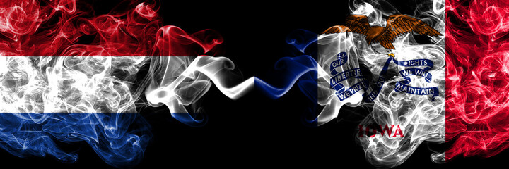 Netherlands vs United States of America, America, US, USA, American, Iowa smoky mystic flags placed side by side. Thick colored silky abstract smoke flags.