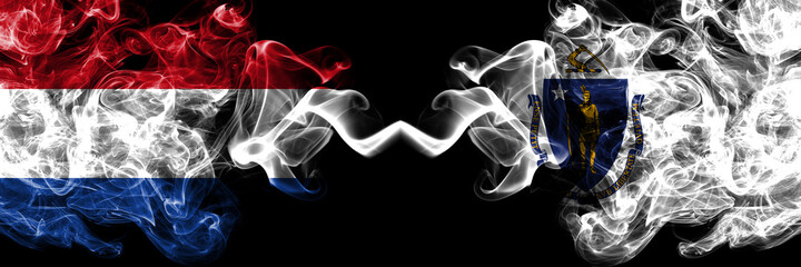 Netherlands vs United States of America, America, US, USA, American, Massachusetts smoky mystic flags placed side by side. Thick colored silky abstract smoke flags.