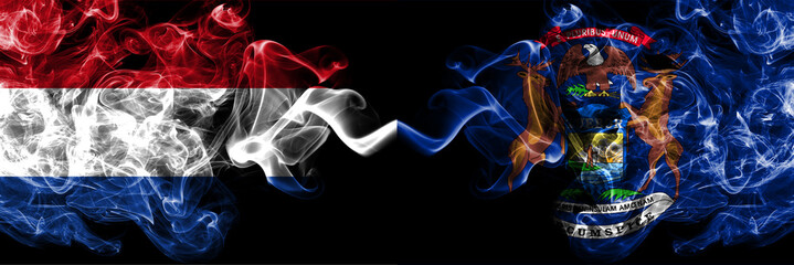 Netherlands vs United States of America, America, US, USA, American, Michigan smoky mystic flags placed side by side. Thick colored silky abstract smoke flags.