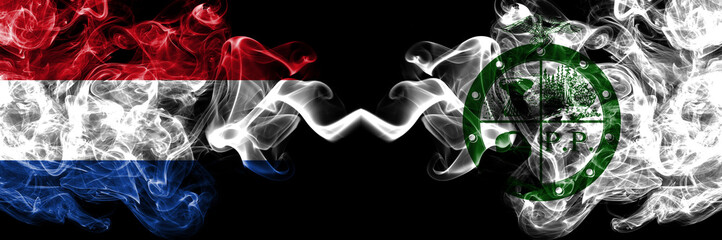 Netherlands vs United States of America, America, US, USA, American, Pee Pee Township, Ohio smoky mystic flags placed side by side. Thick colored silky abstract smoke flags.