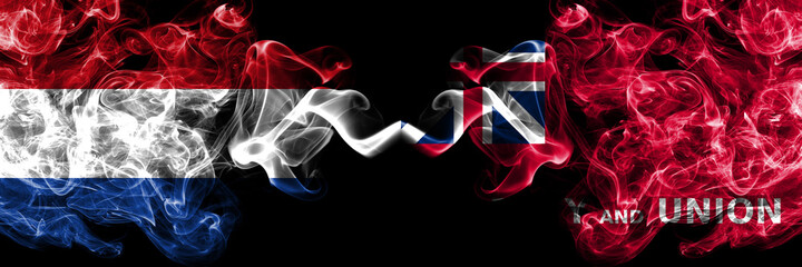 Netherlands vs United States of America, America, US, USA, American, Taunton, Massachusetts smoky mystic flags placed side by side. Thick colored silky abstract smoke flags.